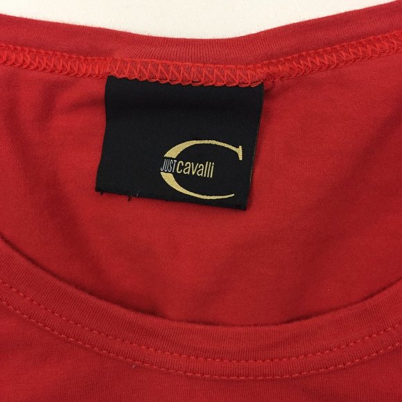 JUST ROBERTO CAVALLI Short Sleeve Red Gold Studded Multi Color Print Tee Shirt - Picture 2 of 9